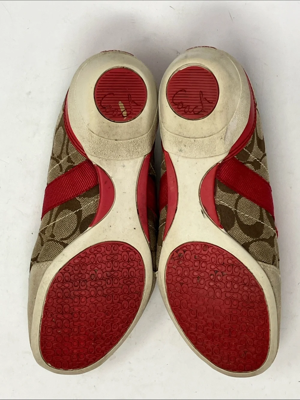 Coach Baylee Signature C Canvas Suede Sneakers Red Tan Sz 7.5 A1474